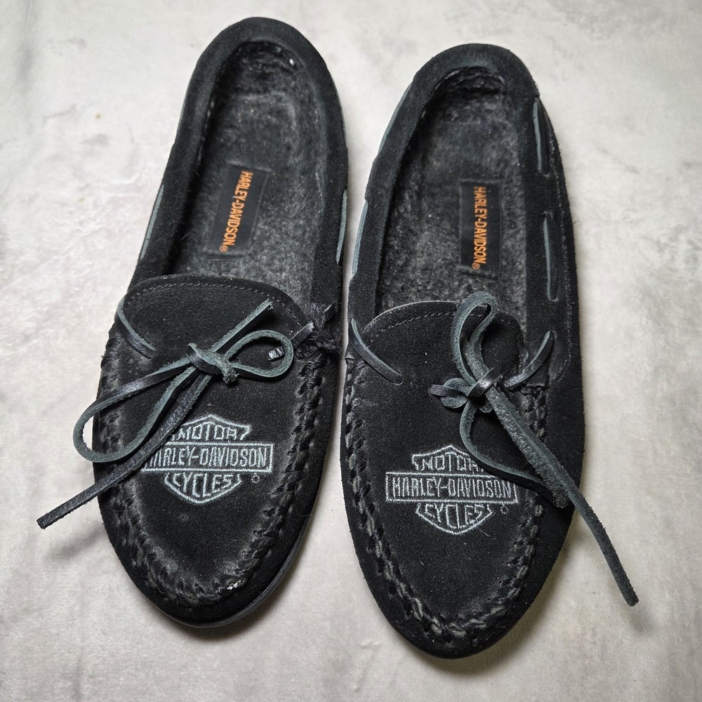 Harley-Davidson Women's Black Leather Moccasin Slippers Faux Fur Lined Size 7